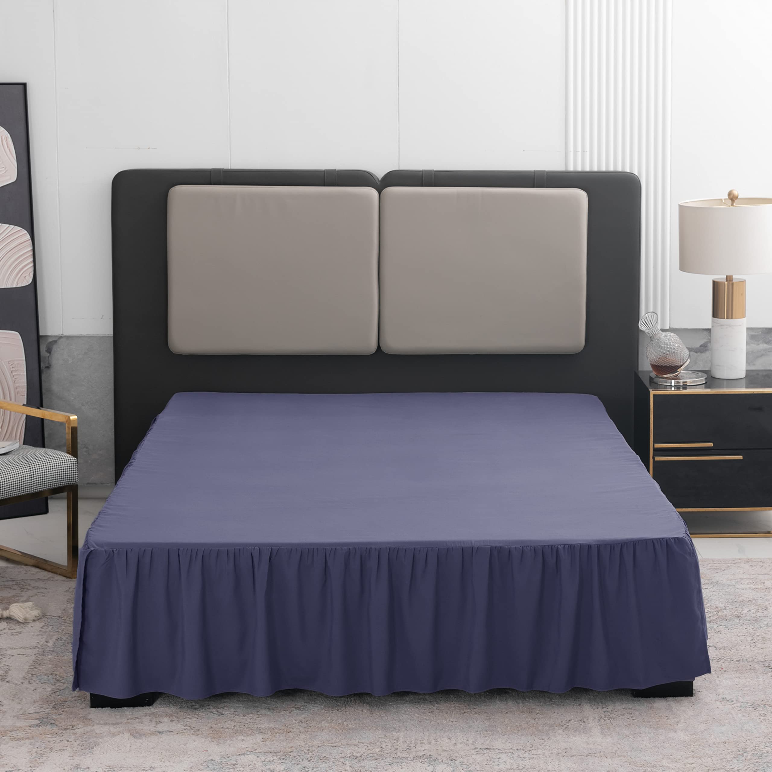 Navy Blue Bed Skirt Queen Size Ruffled Bed Skirt With Split Corners, Queen Bed Skirt 16 Inch Drop, Tsutomi Queen Size Bed Skirt